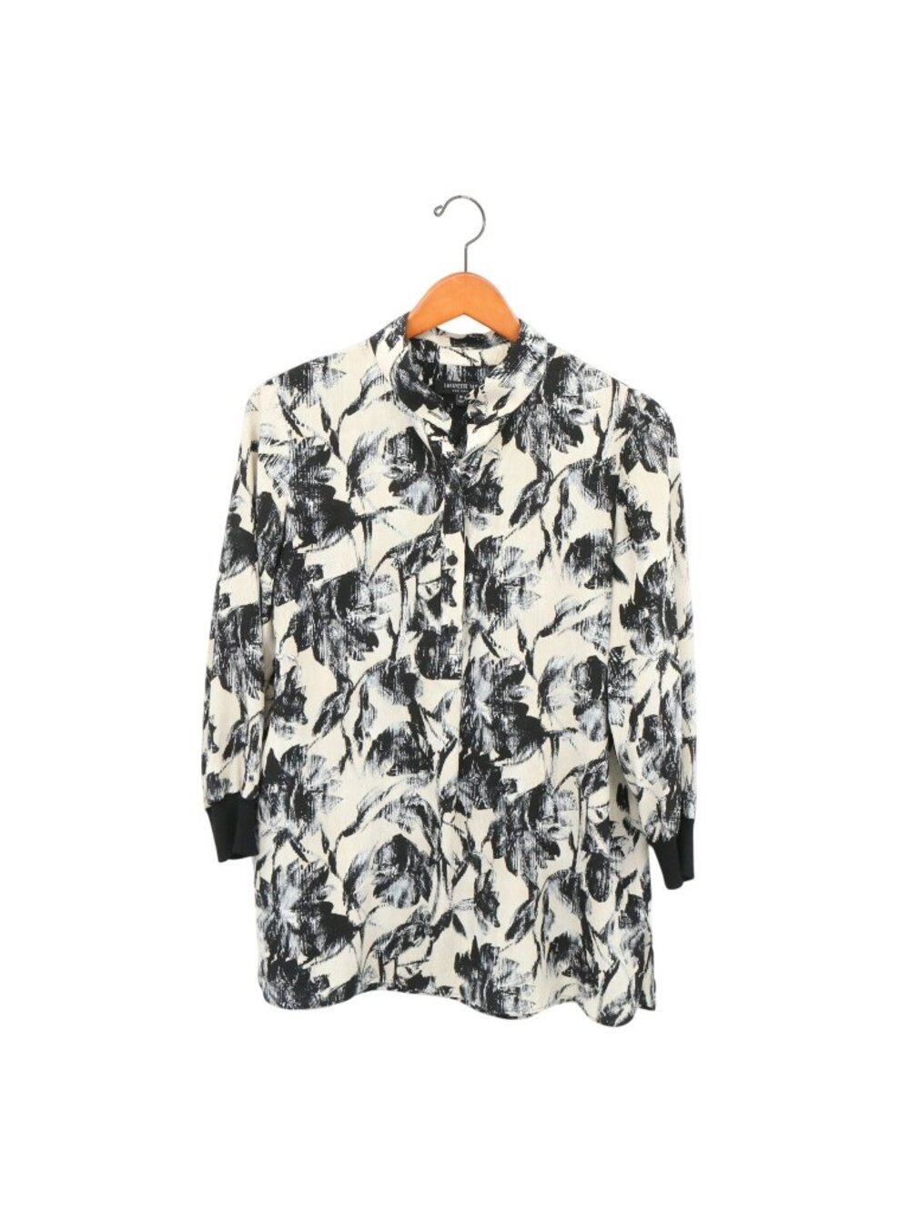 Lafayette 148 New York Ivory Black Floral Silk Pullover 3/4 Sleeve Blouse Top M